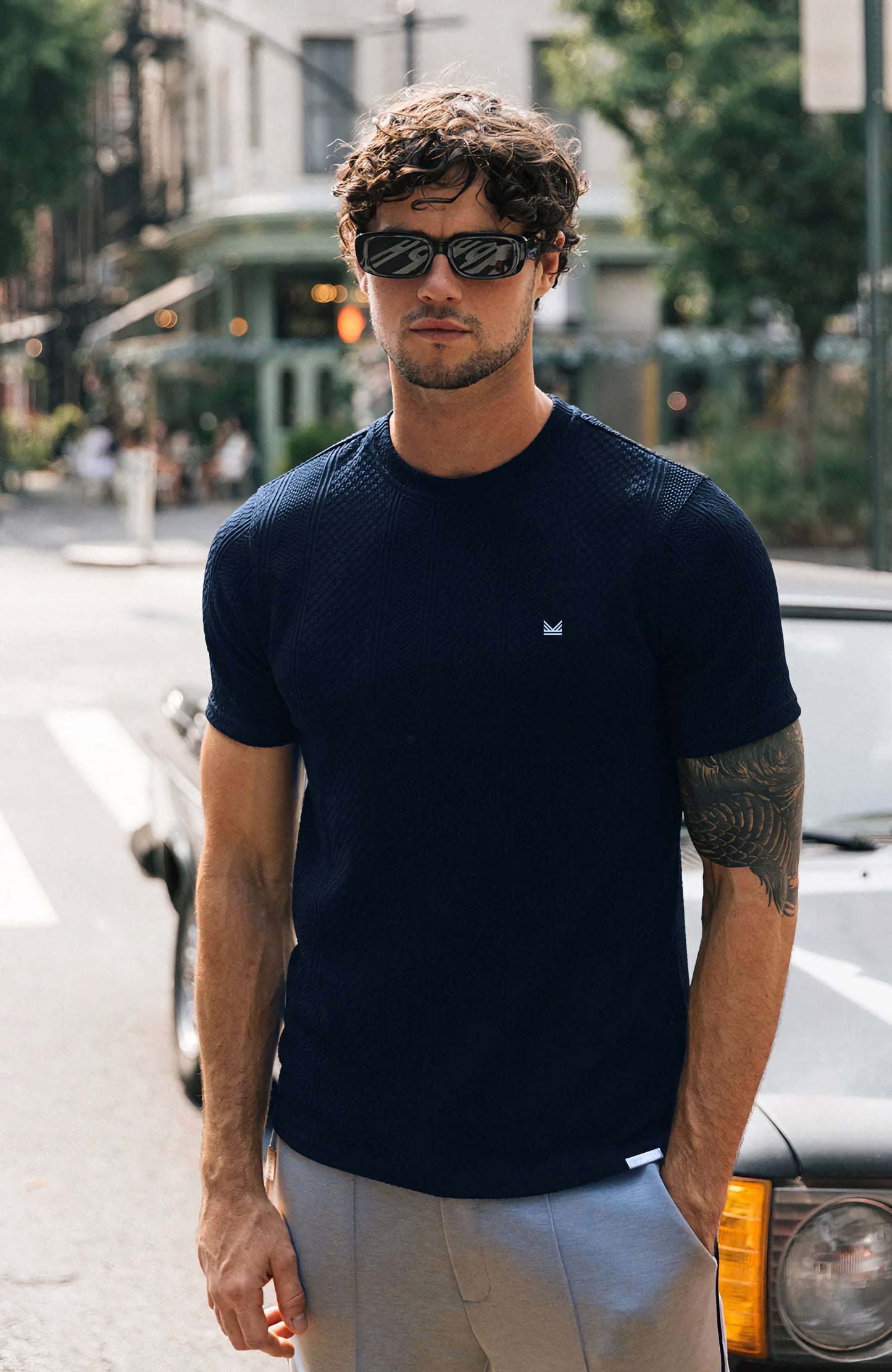 Cedro Textured Cotton Tee in Navy