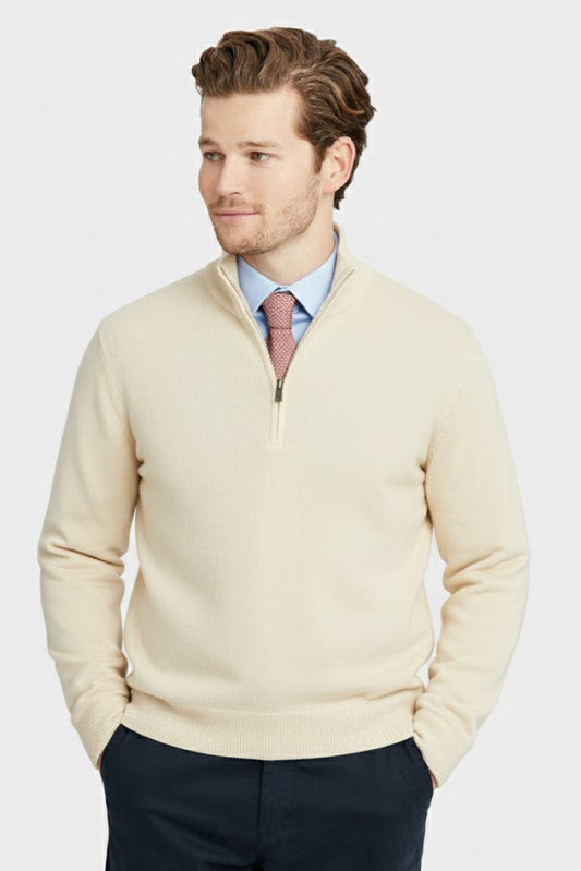 Quarter Zip Rib Knit Sweater - CREAM