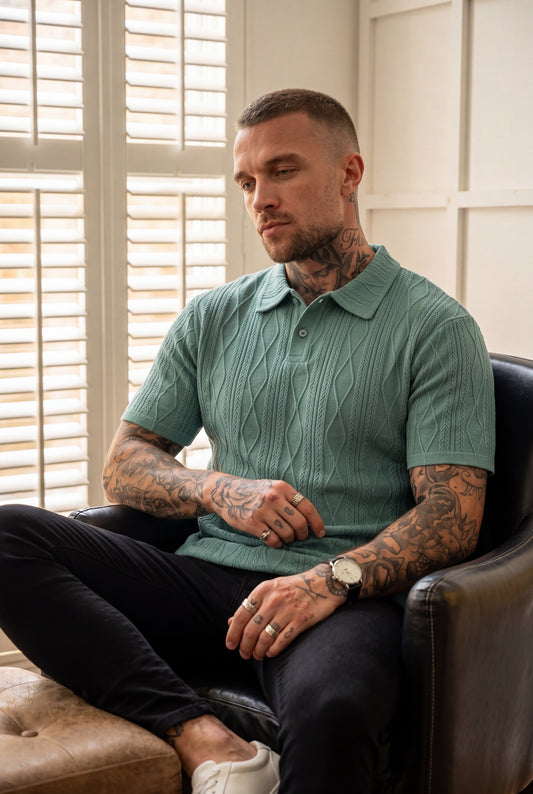 Lightweight CableKnit Texture Polo - Pine Green