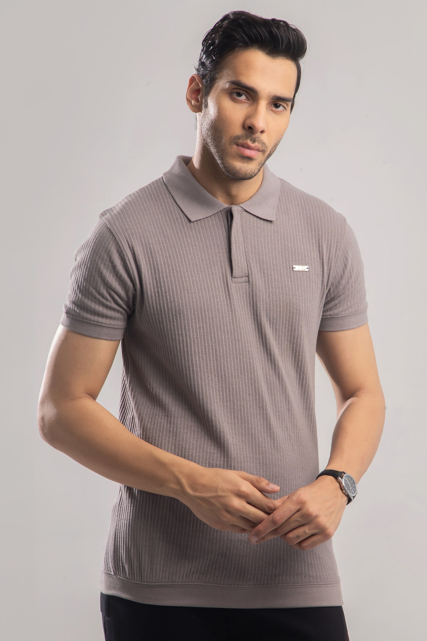 Knitted Metal Badge Textured Cotton Polo