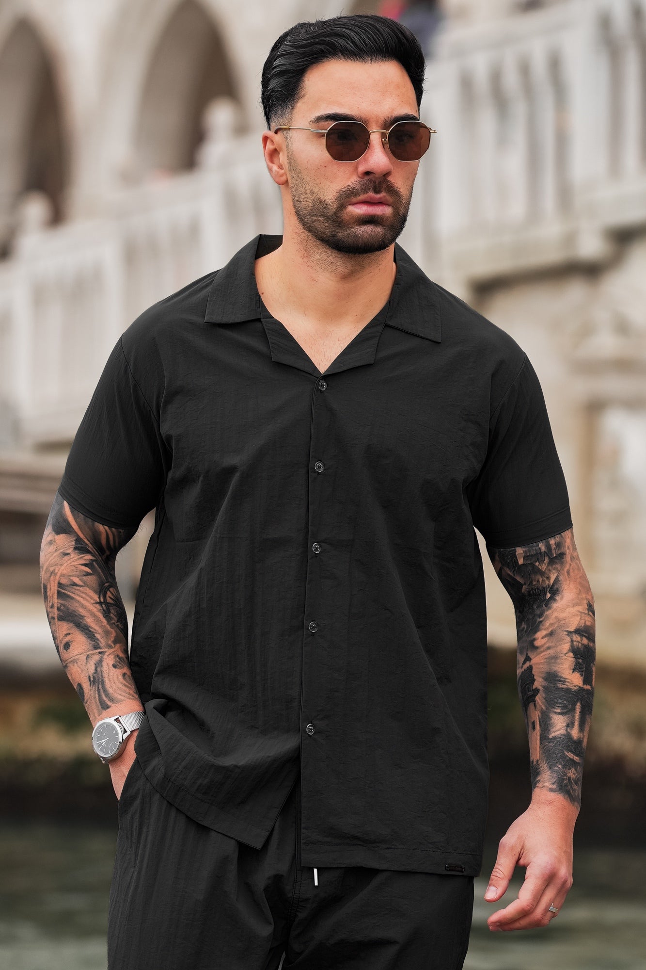 Monaco Crinkle Textured Poly Cotton Shirt - Black