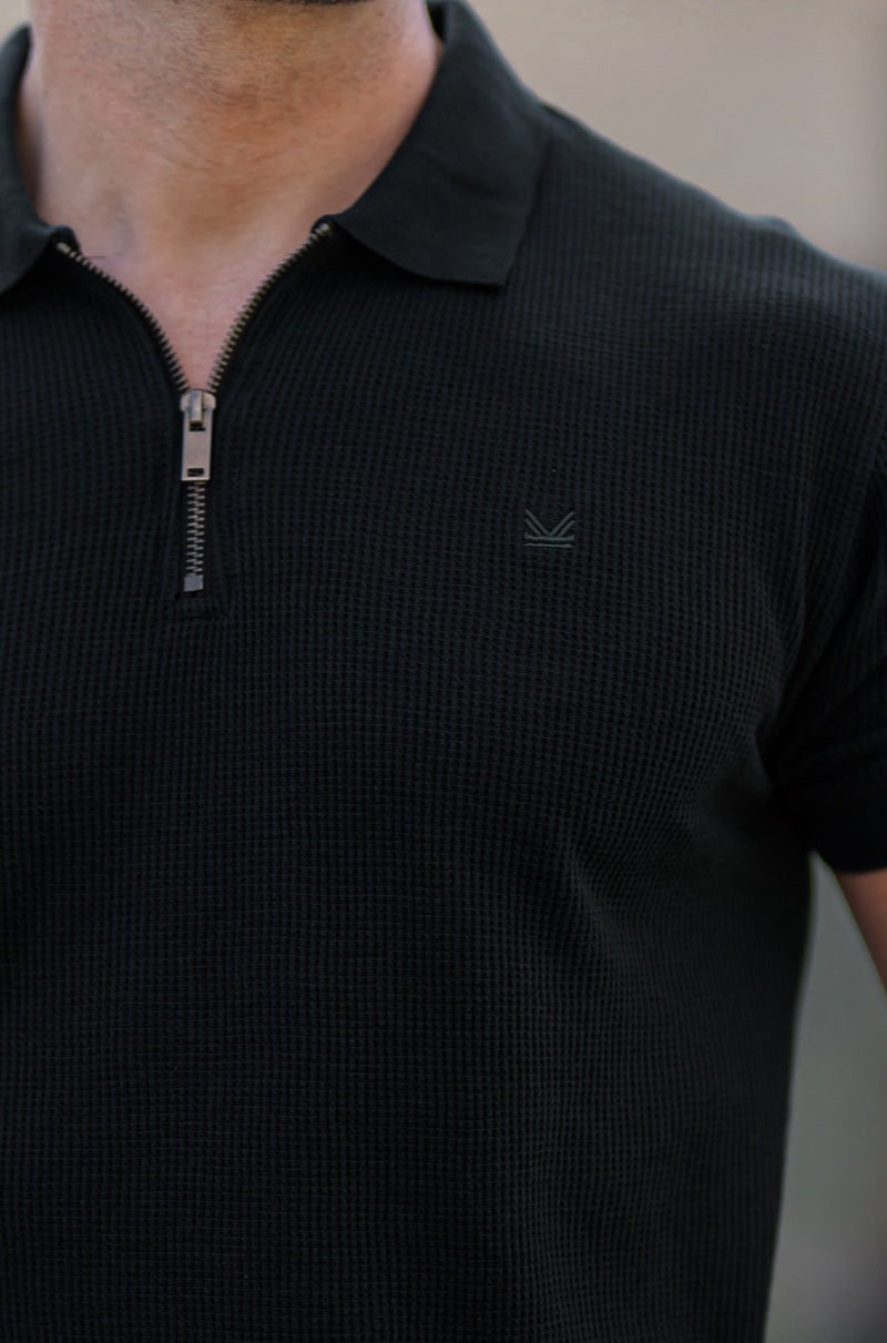 Textured Cotton  Zip Polo - Black