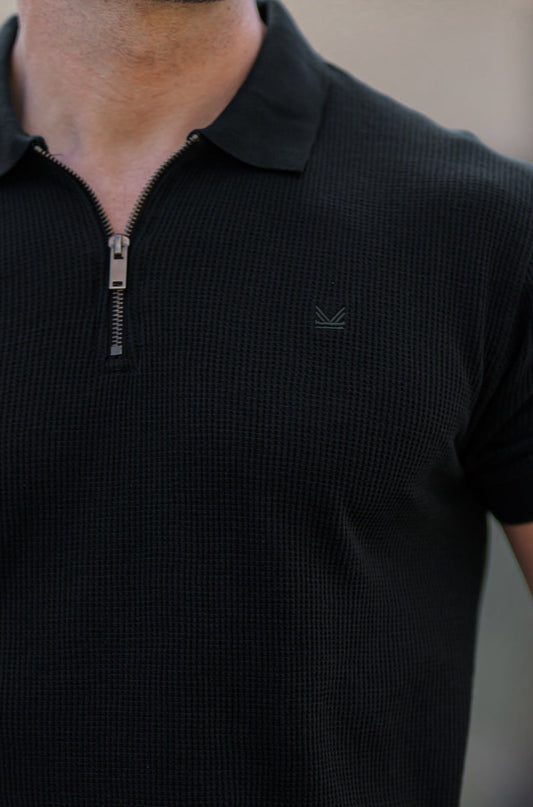 Textured Cotton  Zip Polo - Black