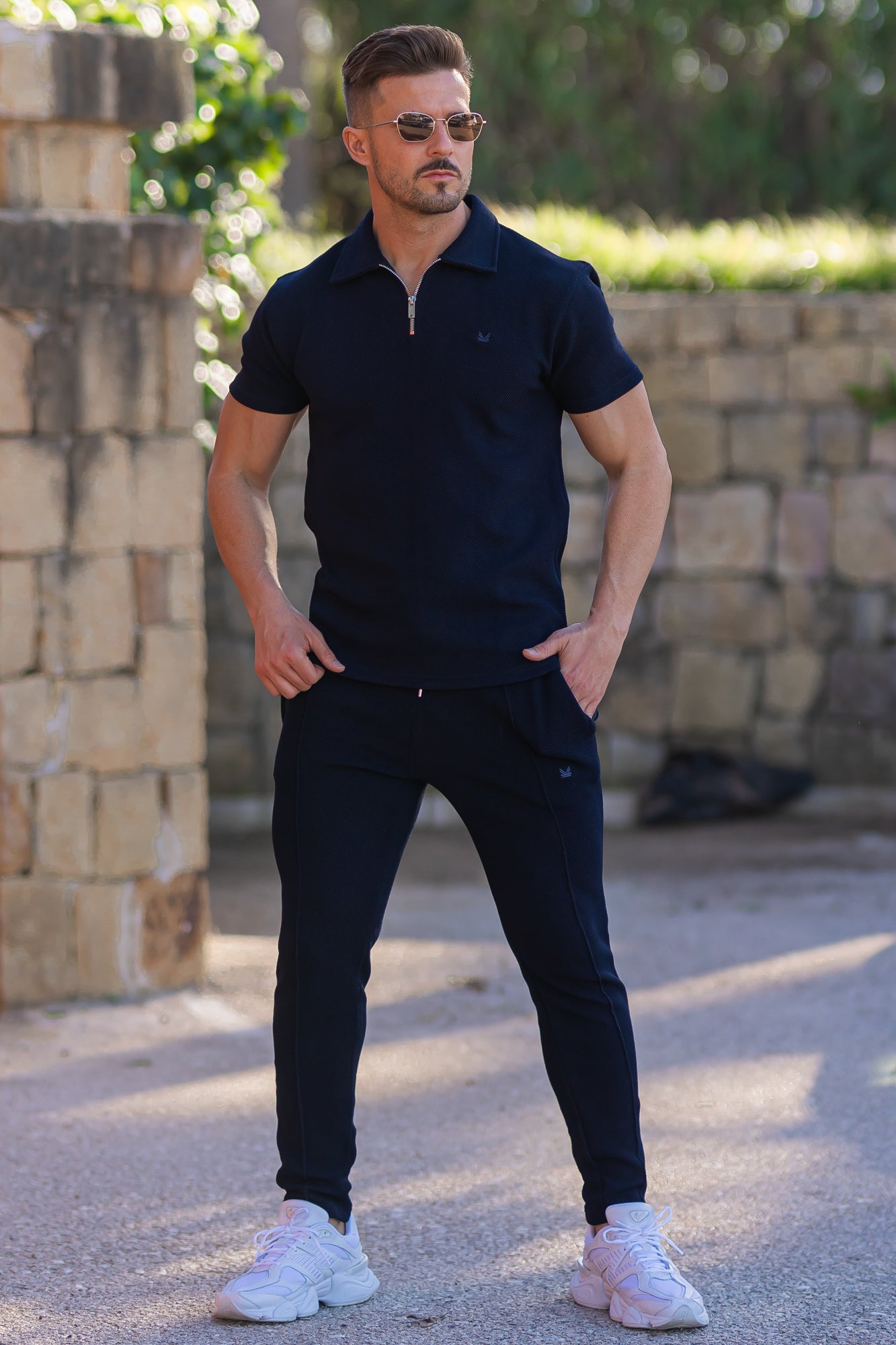 Honeycomb Texture Fabric Crease Cotton Trouser Navy