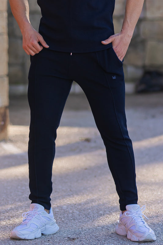Honeycomb Texture Fabric Crease Cotton Trouser Navy