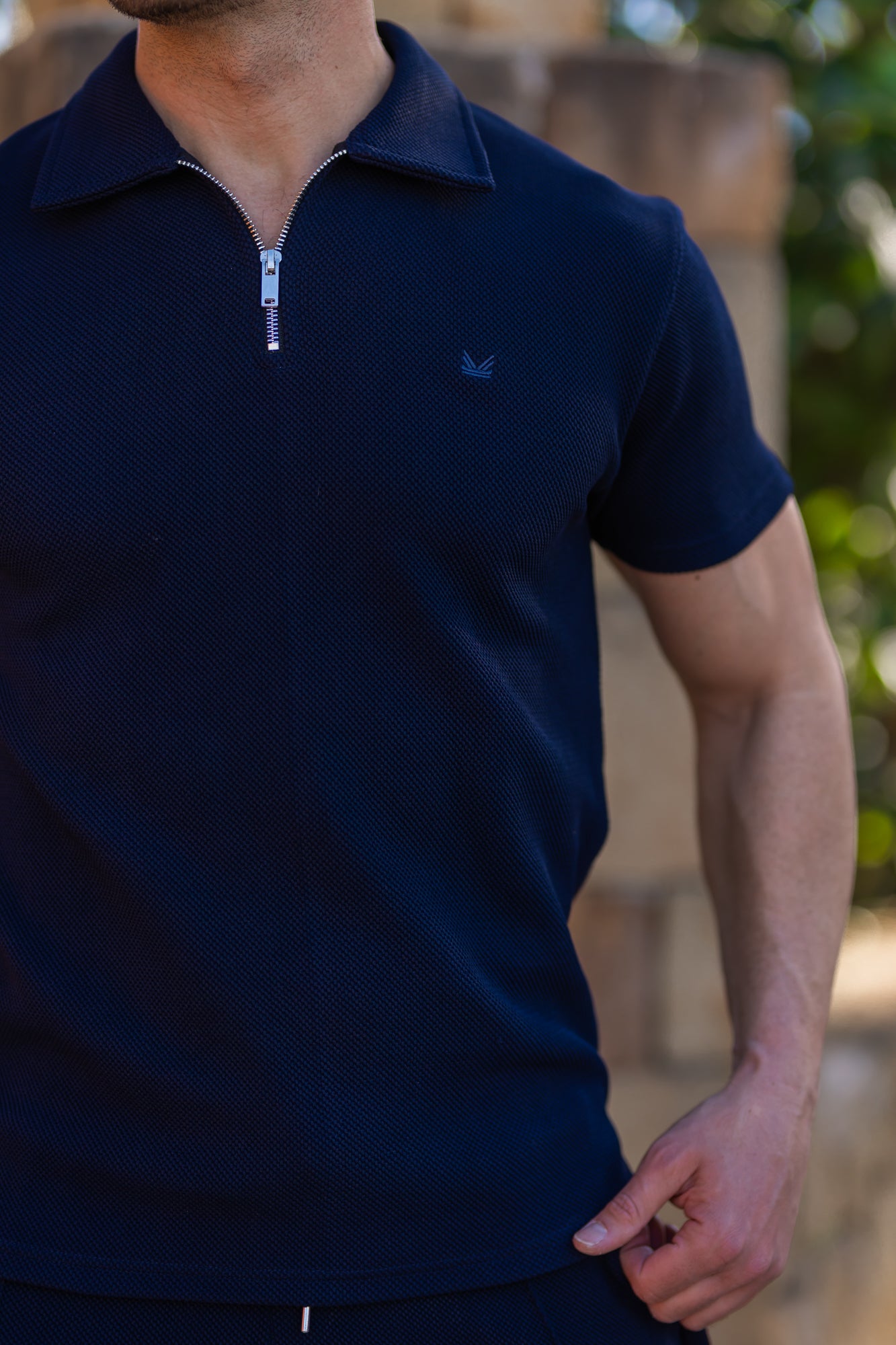 HoneyComb Knit Cotton Polo in Navy