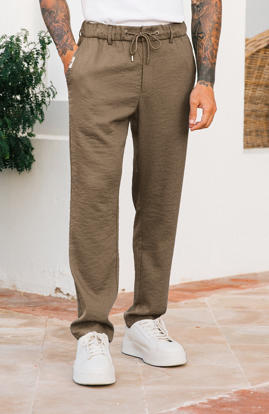 Monaco Crinkle Textured  Poly Cotton Pants - Coffee