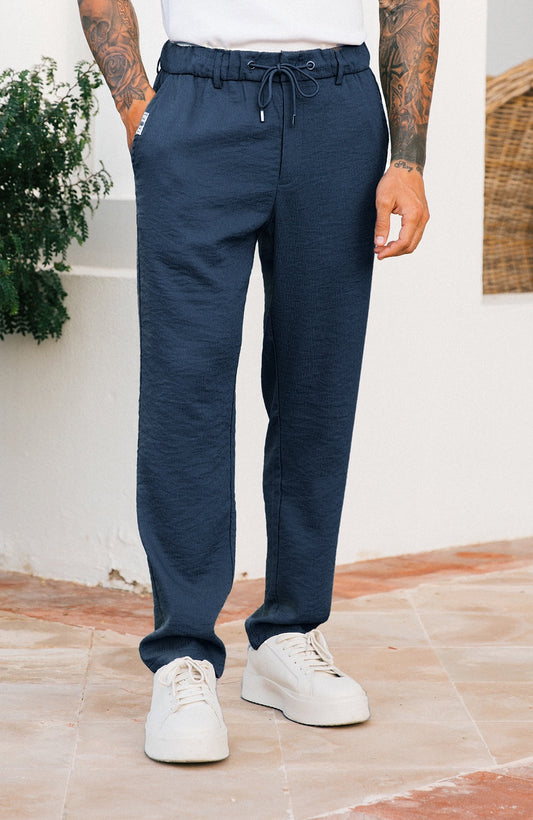 Crinkle Poly Textured Cotton Pants - Navy