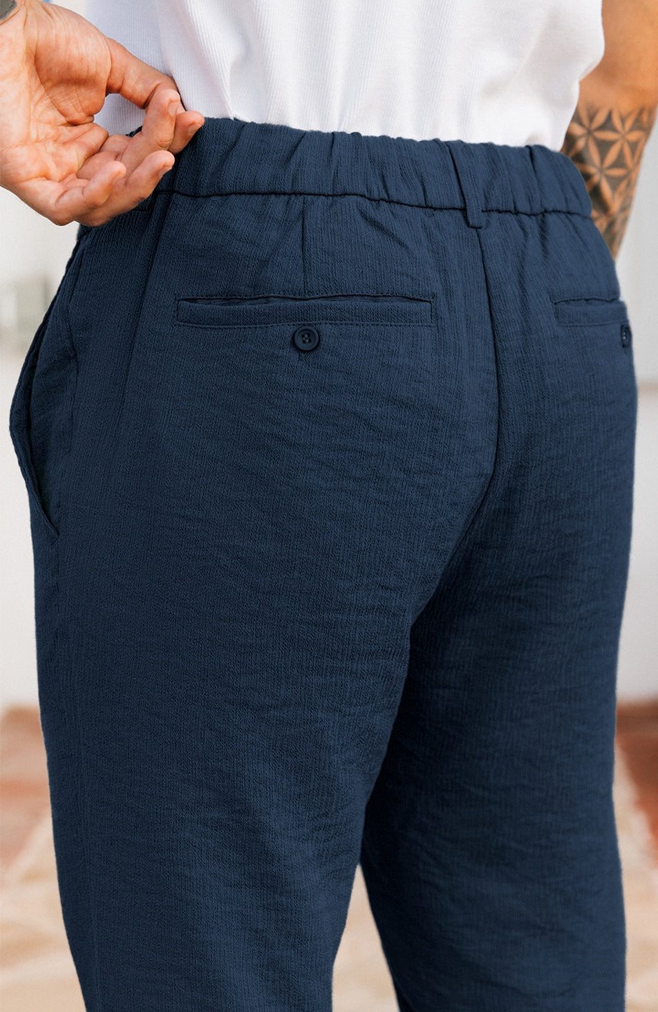Crinkle Poly Textured Cotton Pants - Navy