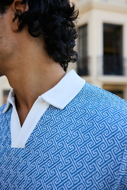 French Knitted Textured Polo - Aqua-Blue