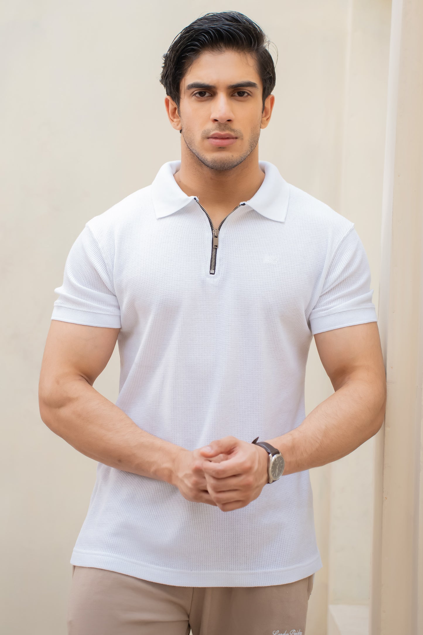 White Textured Cotton Zip Polo