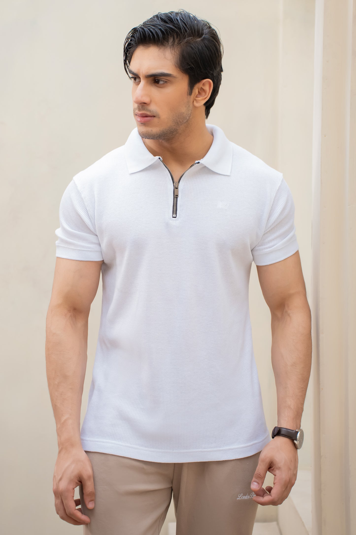 White Textured Cotton Zip Polo