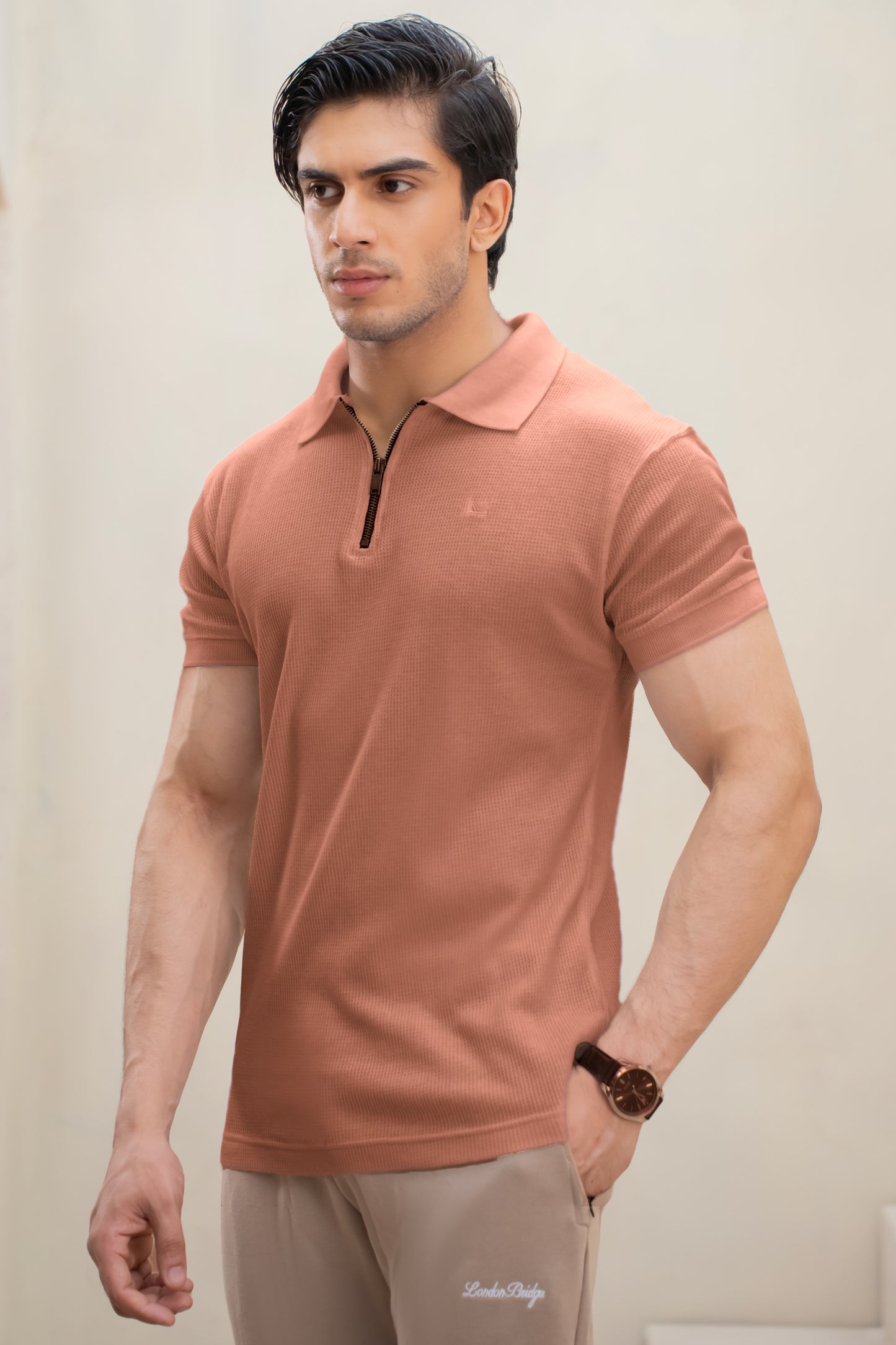 Waffle Knit Cotton Zip Polo - Plum