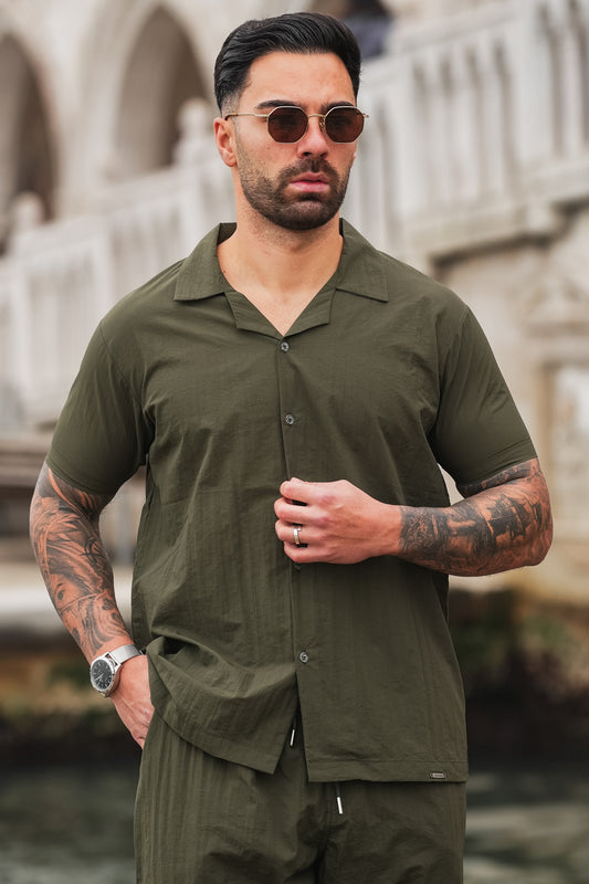 Monaco Crinkle Textured Poly Cotton Shirt - Olive