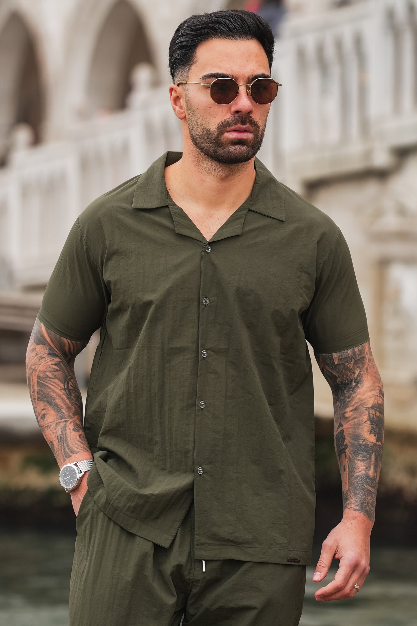 Monaco Crinkle Textured Poly Cotton Shirt - Olive