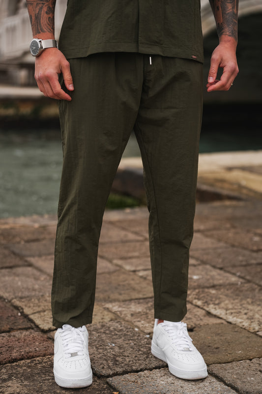 Monaco Crinkle Poly Textured Cotton Trouser - Olive