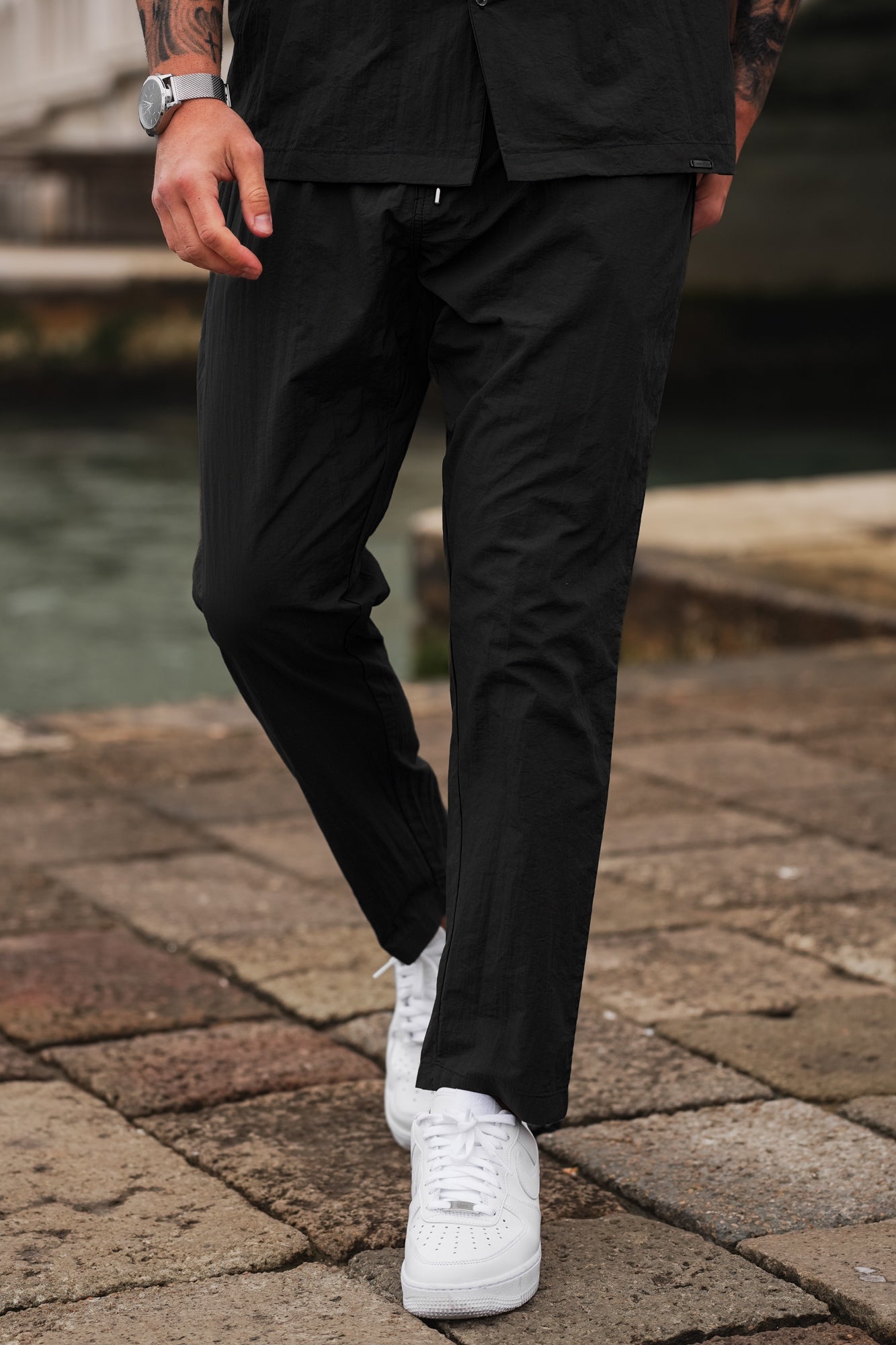 Crinkle Poly Textured Cotton Pants - Black