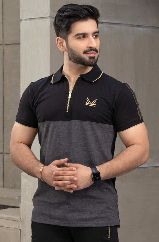 Premium Gold Zip Cotton Polo - Charcoal