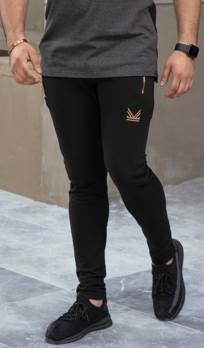 Premium Gold Zip Cotton Terry Trouser - Charcoal