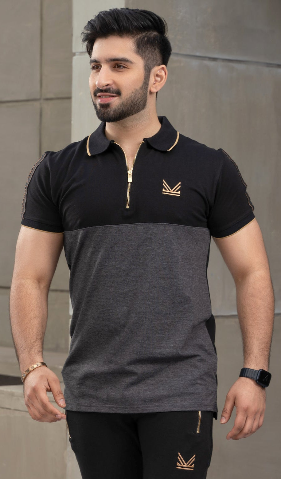 Premium Gold Zip Cotton Polo - Black