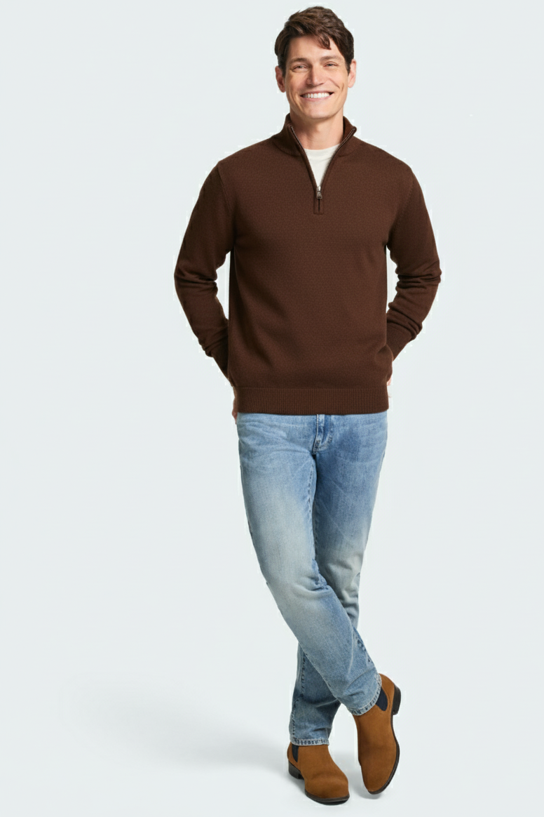 Quarter Zip Rib Knit Sweater - Chocolate Brown