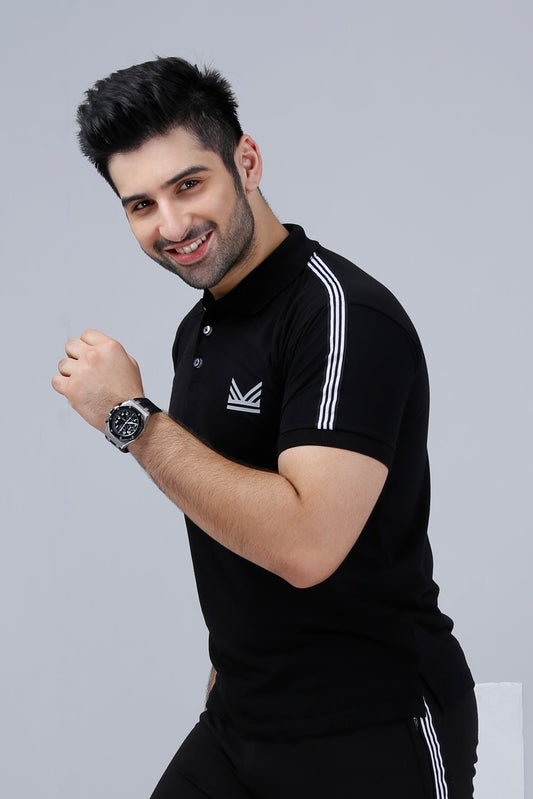 3 Strip Cotton Polo - Black