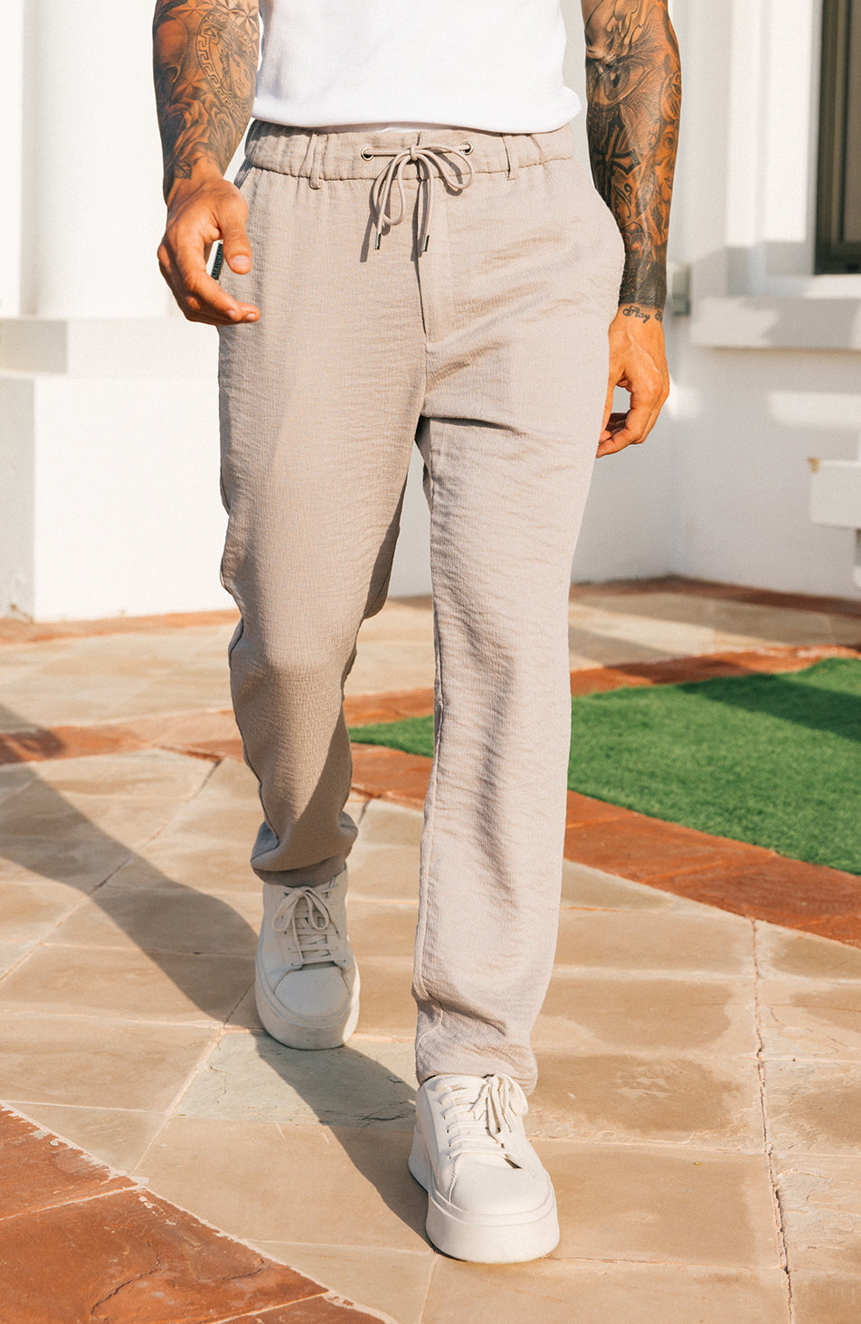 Monaco Crinkle Textured Poly Cotton Pants - Sand