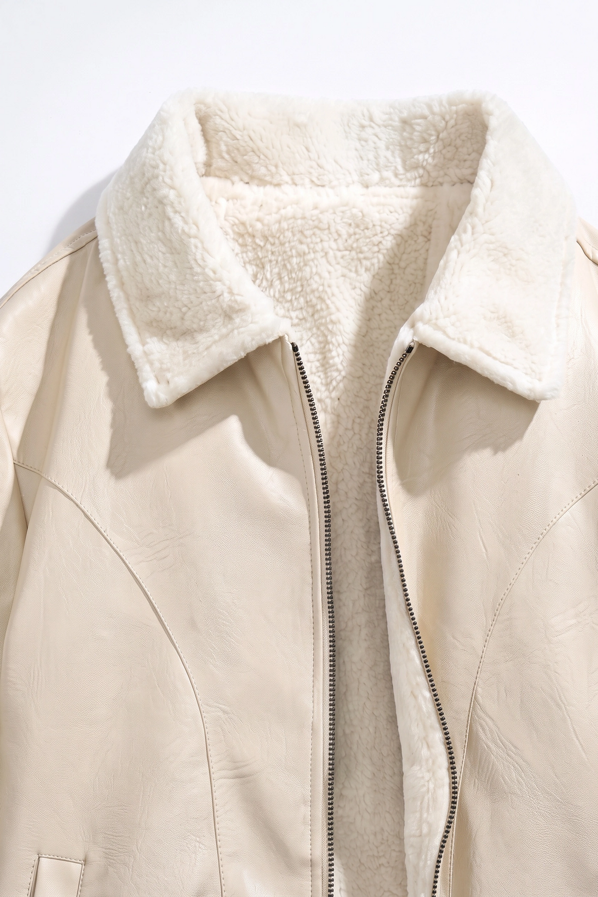 JS-14 Cream leather jacket with black inner, white furr collar