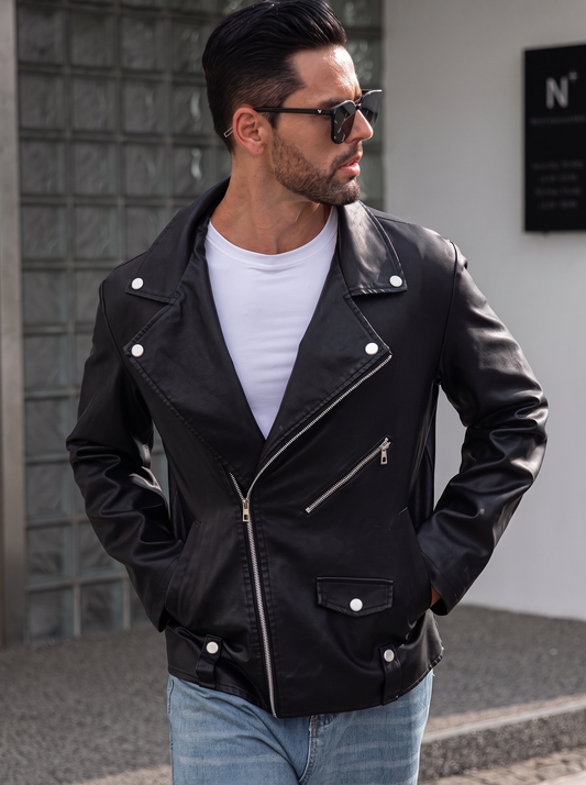 JS-34 Black leather jacket with silver shine metal zip