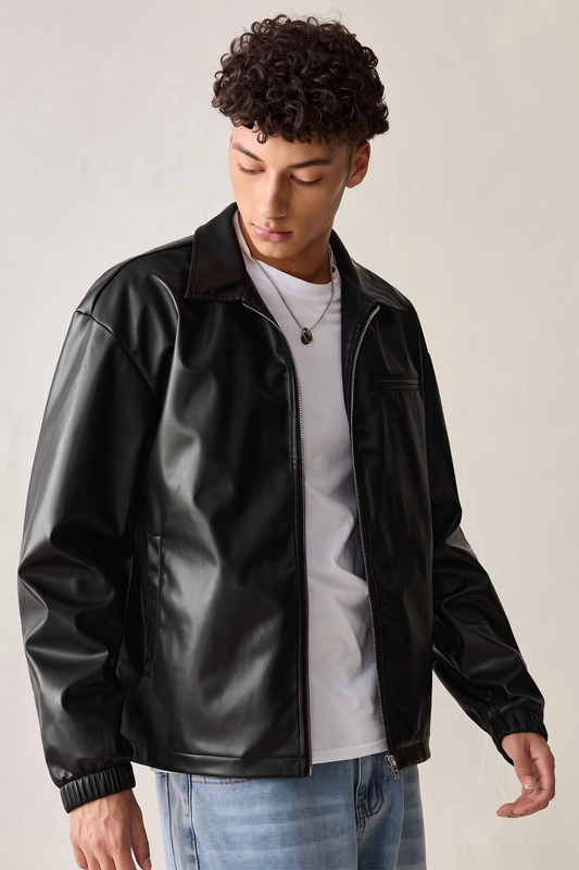 Black leather Jacket with bon pocket, silver brass zip,