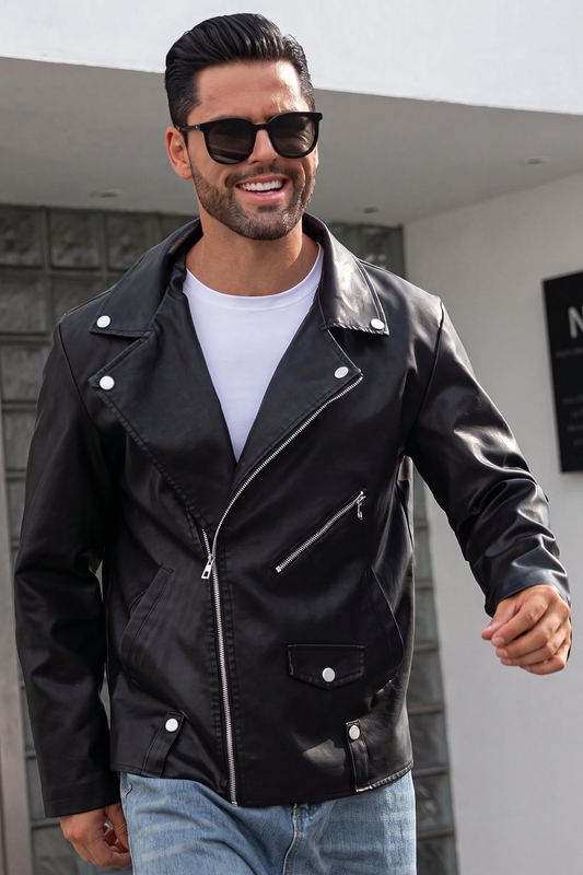 JS-34 Black leather jacket with silver shine metal zip