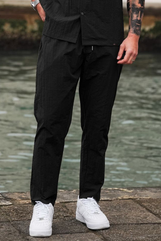 Crinkle Poly Textured Cotton Pants - Black