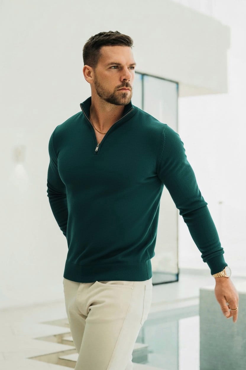 Quarter Zip Rib Knit Sweater - Teal Green