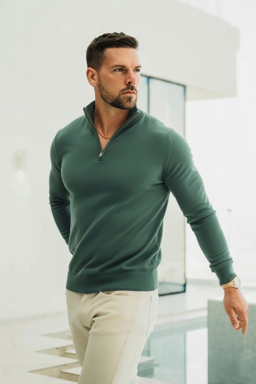 Quarter Zip Rib Knit Sweater - Sea Green