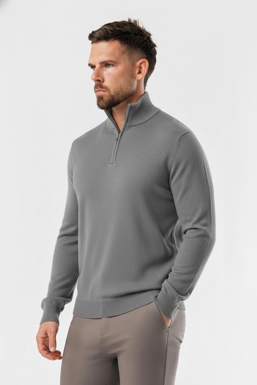 Quarter Zip Rib Knit Sweater - Silver