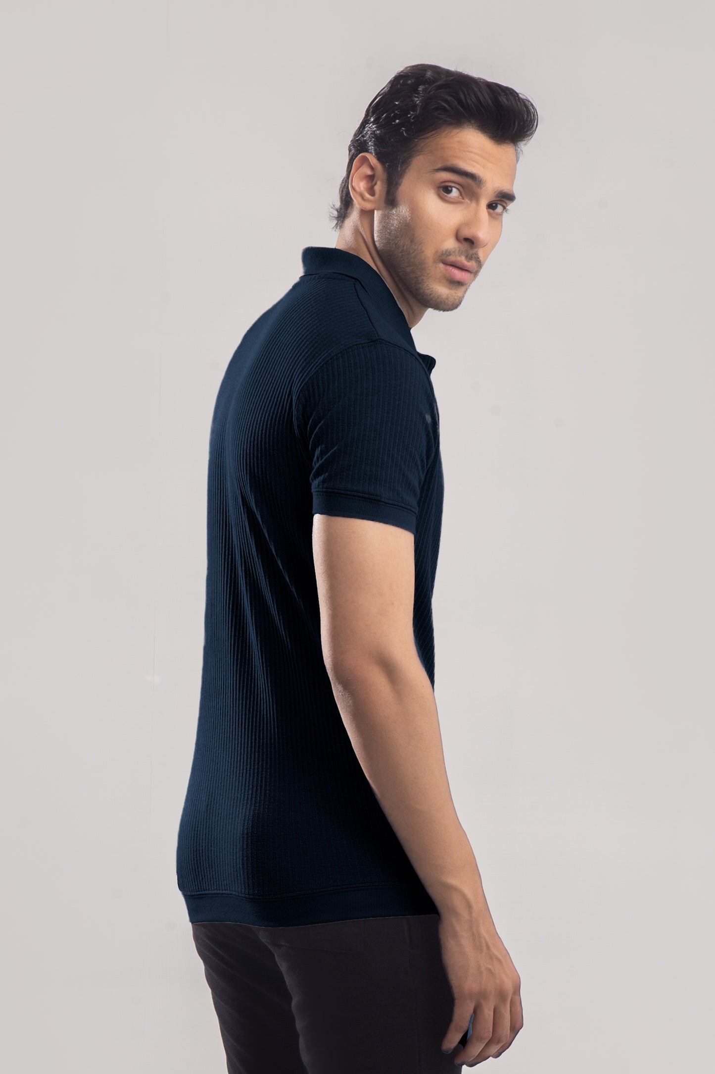 Navy Textured Cotton Knit Polo with Badge