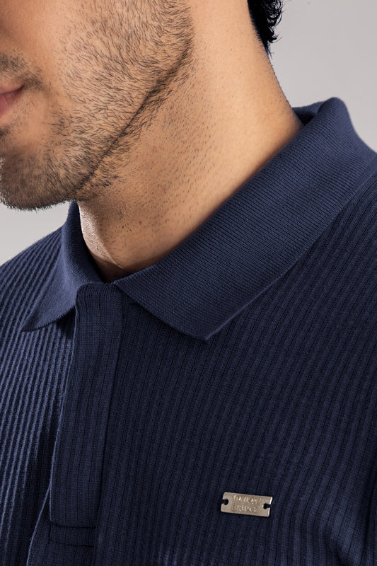 Navy Textured Cotton Knit Polo with Badge