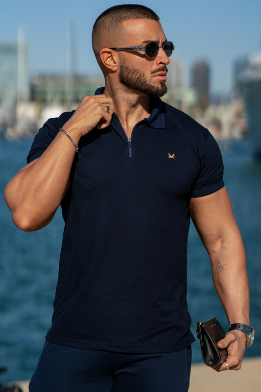 Premium Zip Cotton Polo - Navy