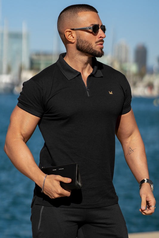 Premium Zip Cotton Polo - Black