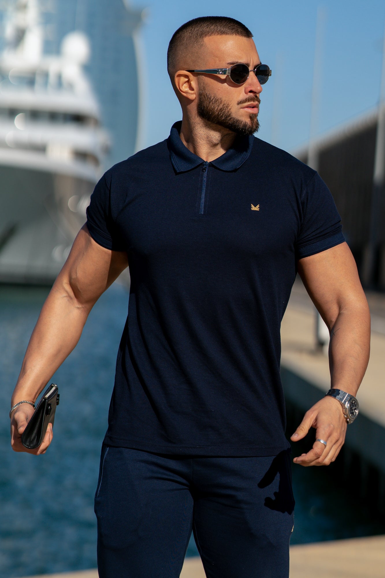 Premium Zip Cotton Polo - Navy