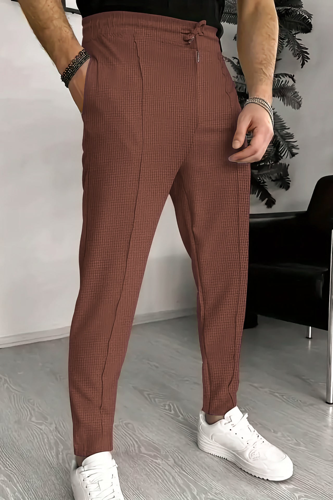 Textured Cotton Terry Trouser - Rust Brown