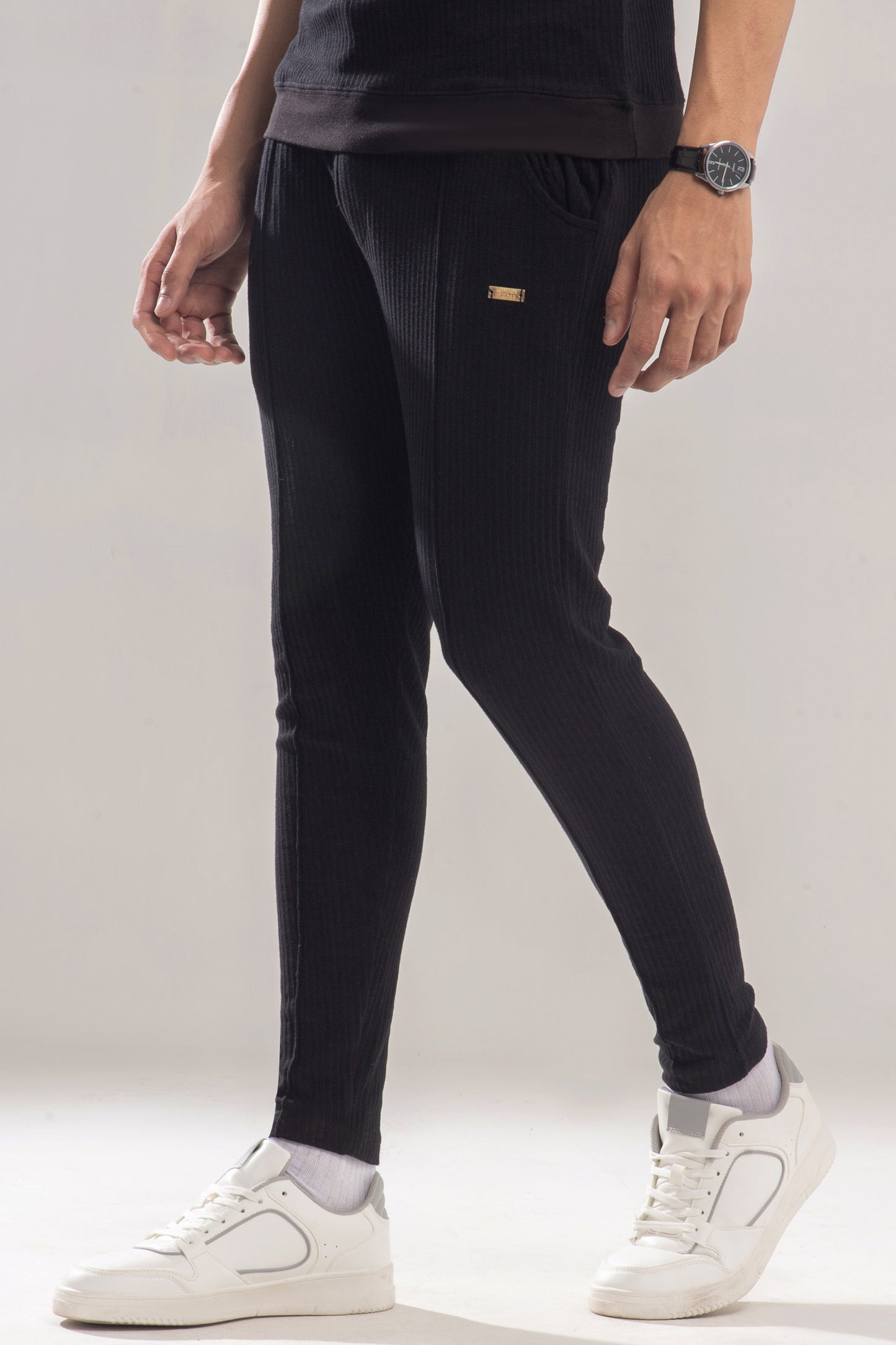 Premium Textured Cotton Trouser with Badge   - Black