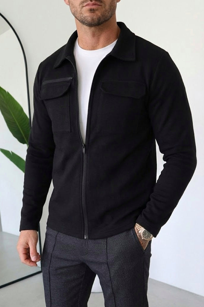 Zip Overshirt Cotton Jacket - Black
