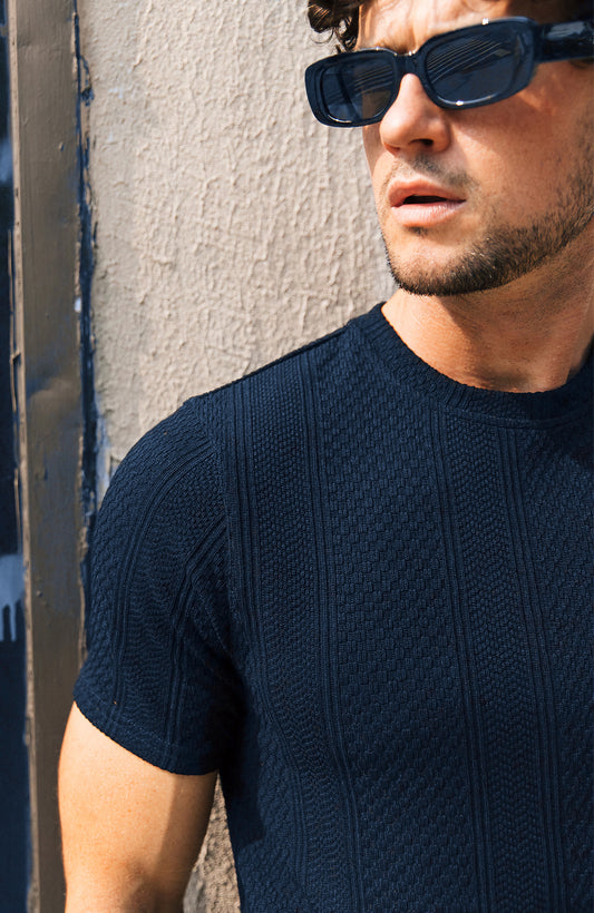 Cedro Textured Cotton Tee in Navy