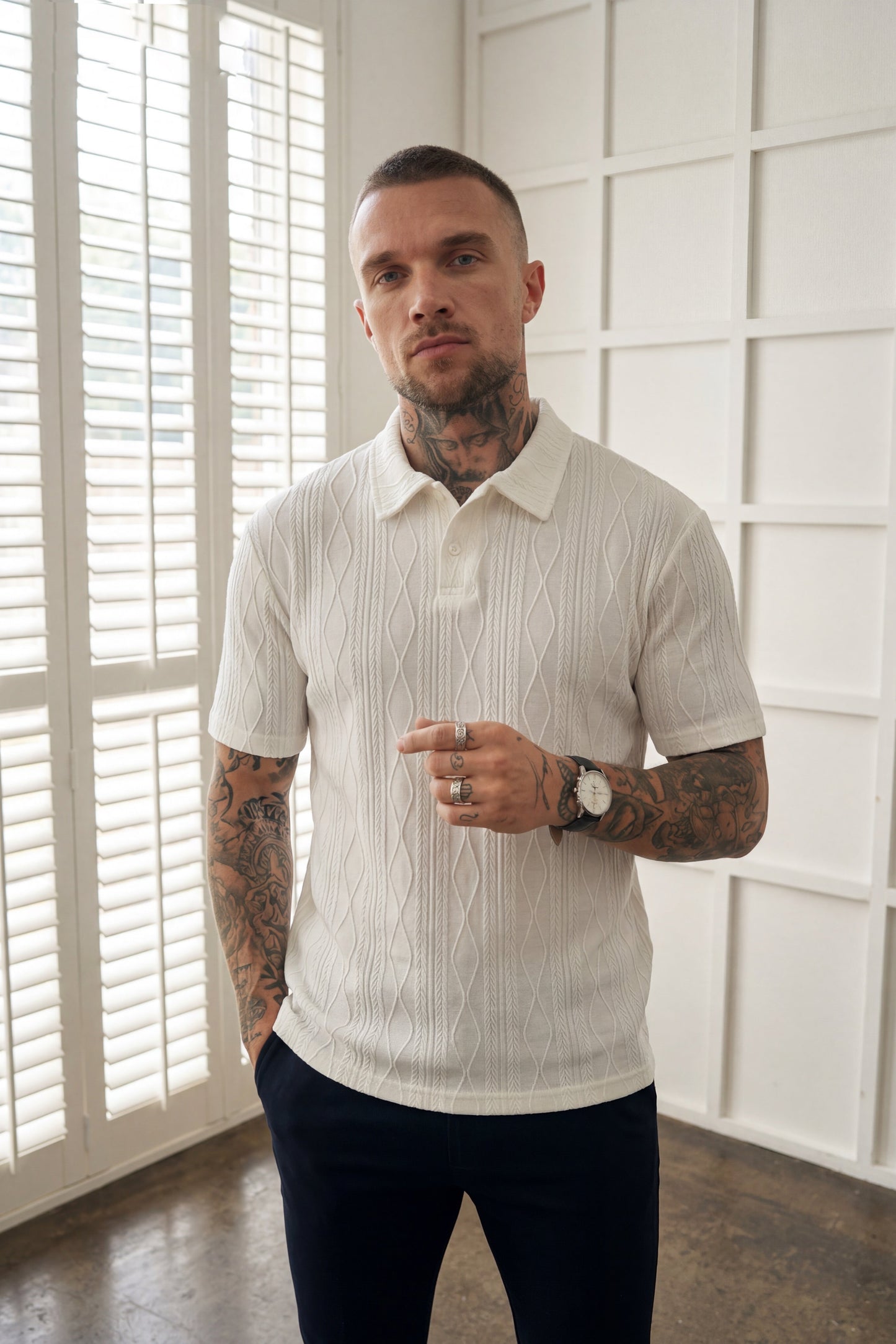 Lightweight CableKnit Texture Polo - Rich White