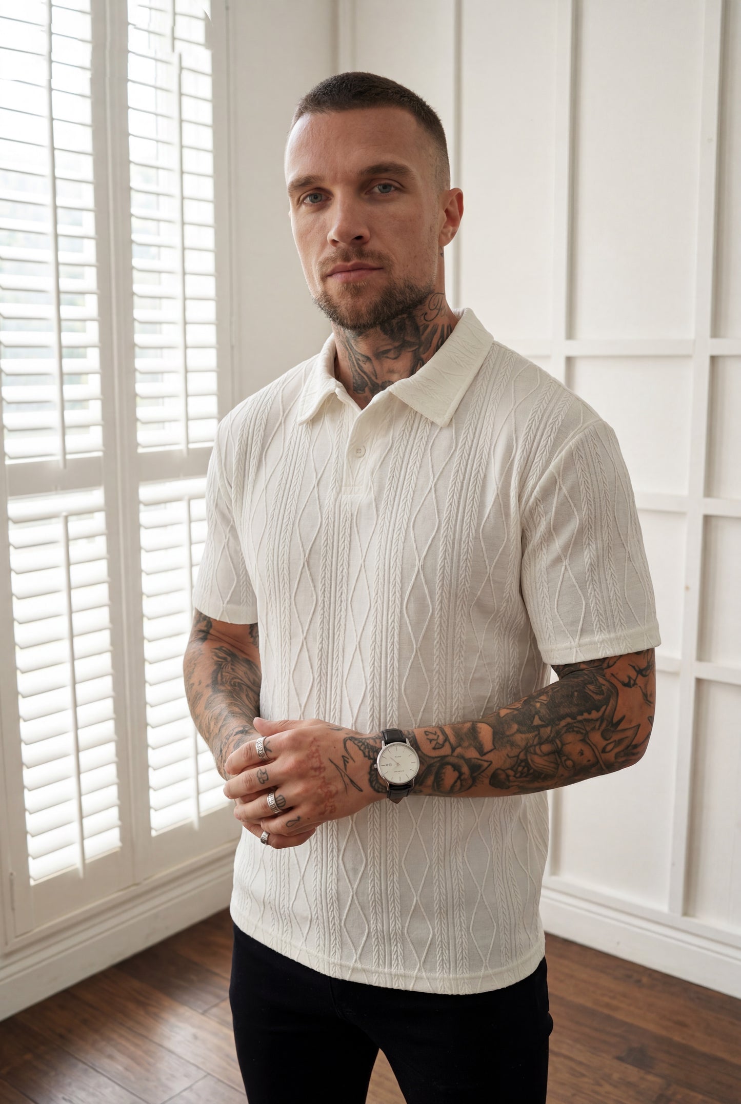 Lightweight CableKnit Texture Polo - Rich White