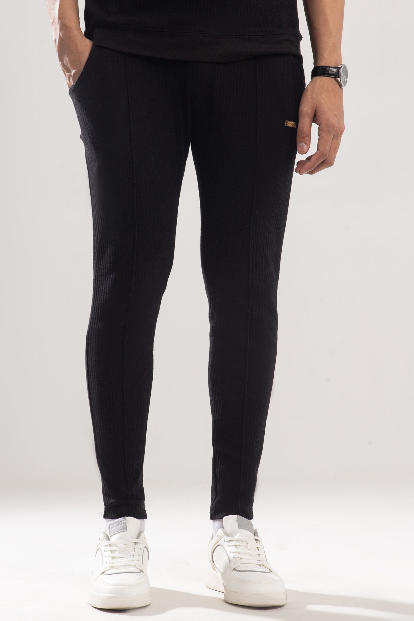 Premium Textured Cotton Trouser with Badge   - Black