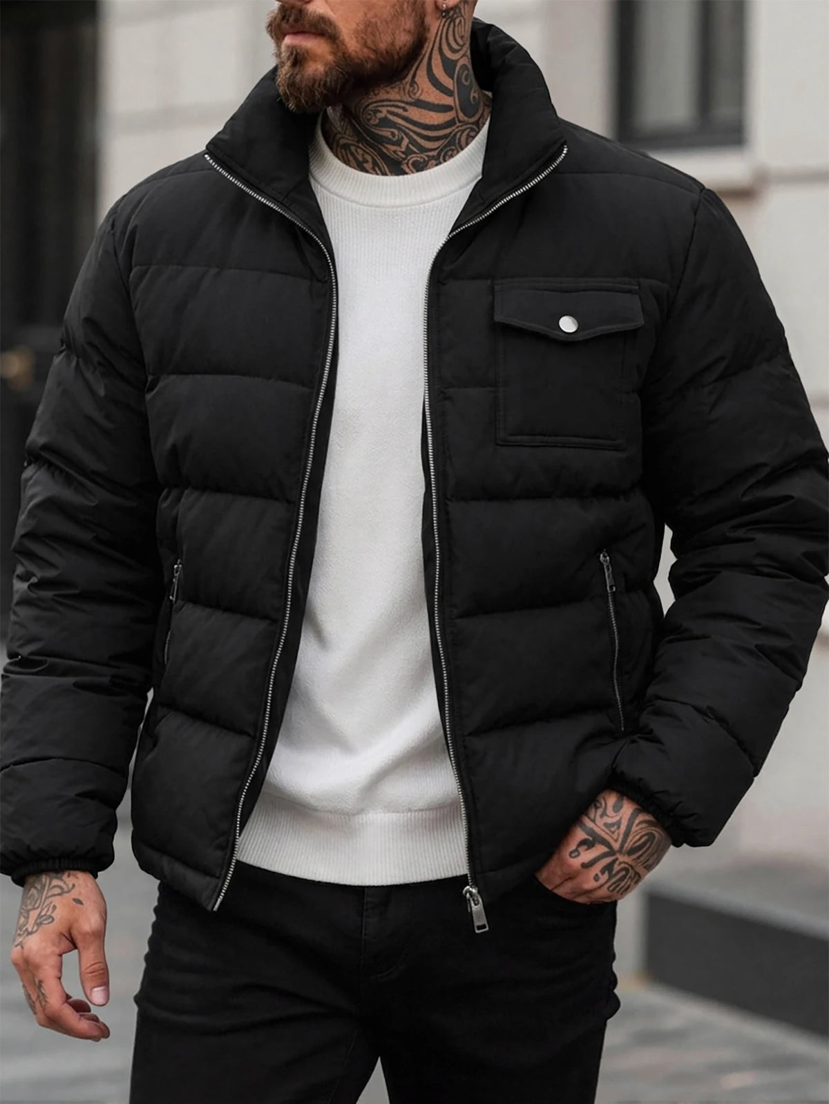 JS-36 Black puffer jacket with metal silver zip