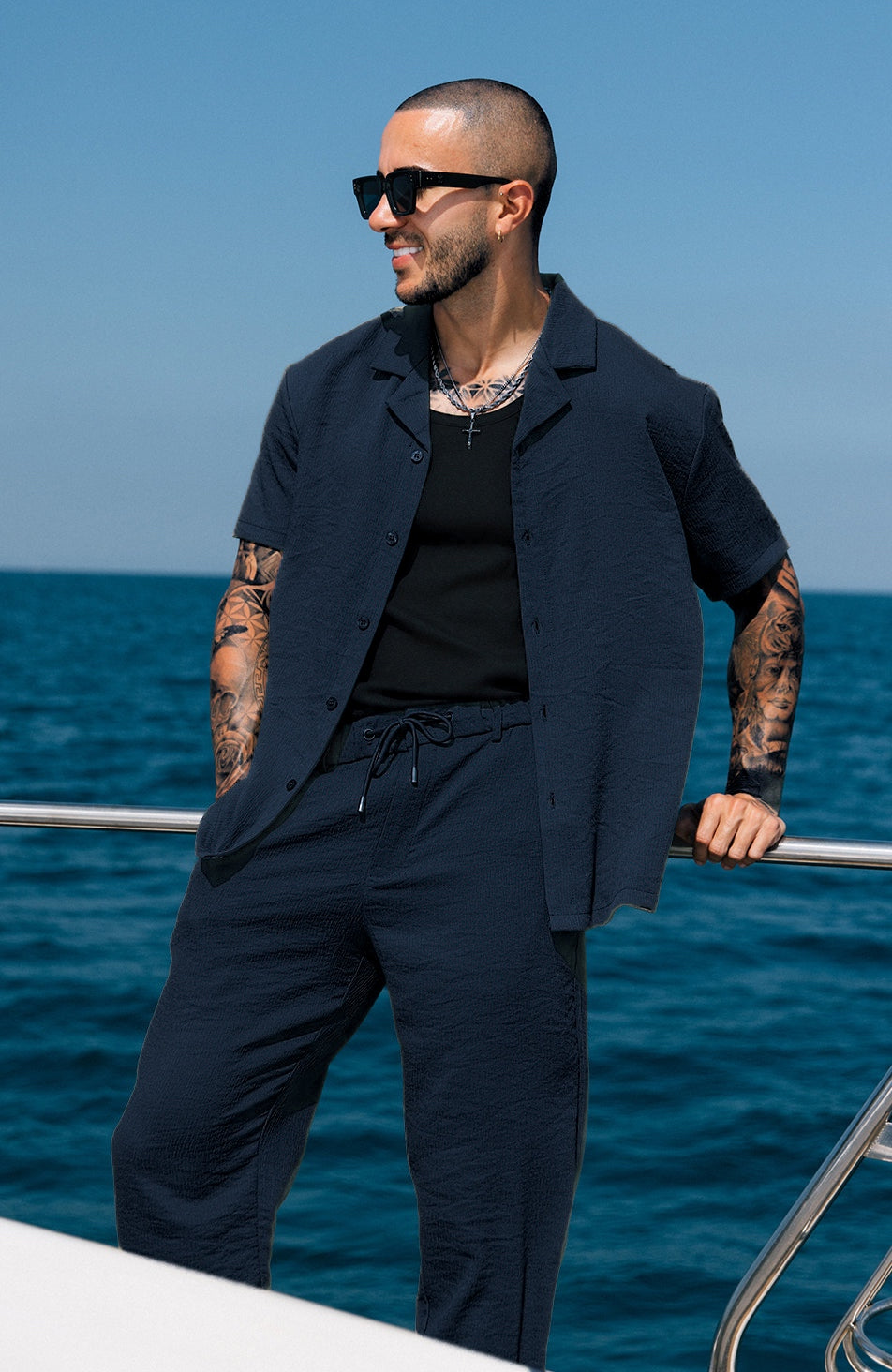 Monaco Crinkle Textured  Poly Cotton Shirt - Navy