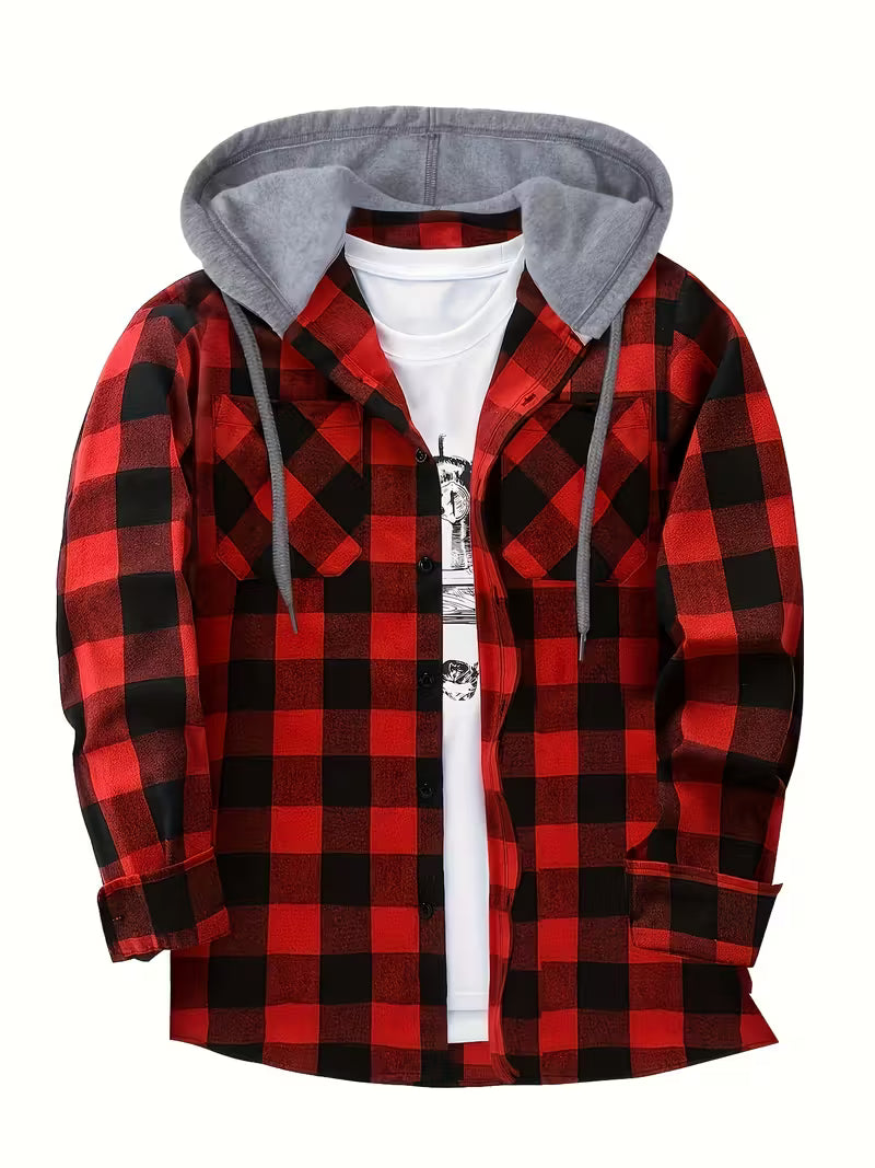 Flannel Hooded Shacket - Red